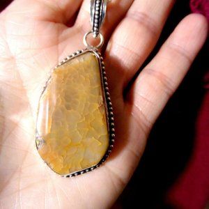 New GOLDEN AGATE Crystal Charm Pendant & 28" Necklace Set 925 Silver Beaded edge